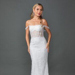 New Off White Sheath Long Wedding Dress w/ Corset Bodice & Floral Lace DQ 0319